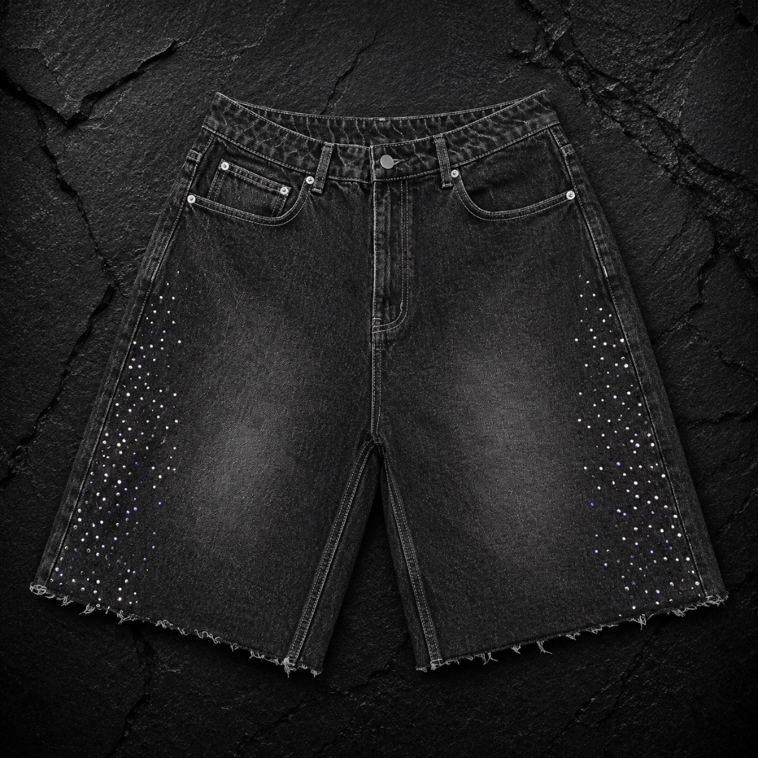 Crystal denim jorts — black denim with rhinestone scatter